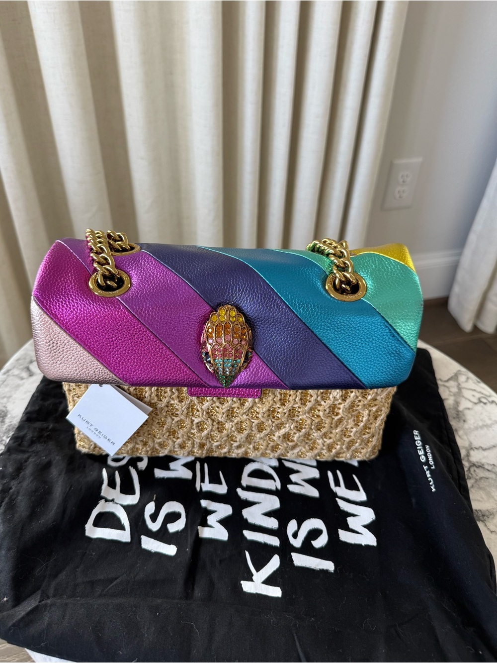 Kurt Geiger Rainbow Leather & Raffia Shoulder Bag with Jeweled Clasp